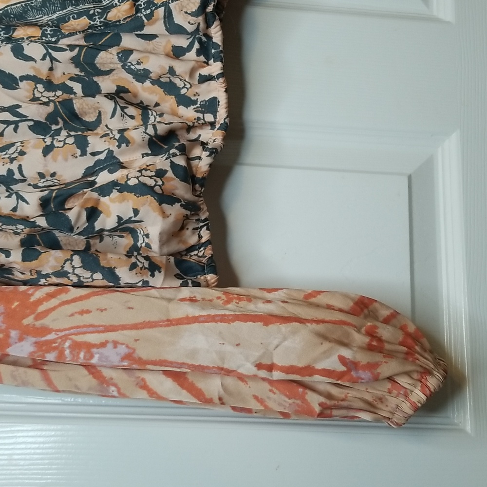 Free People Orange Gray V Neck Flounce Longsleeve Blouse Wrap Printed Shirt Top - Picture 6 of 14